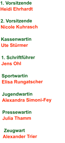 1. Vorsitzende  Heidi Ehrhardt   2. Vorsitzende  Nicole Kuhrasch  Kassenwartin  Ute St�rmer  1. Schriftf�hrer  Jens Ohl  Sportwartin Elisa Rungatscher  Jugendwartin Alexandra Simoni-Fey  Pressewartin Julia Thamm   Zeugwart Alexander Trier